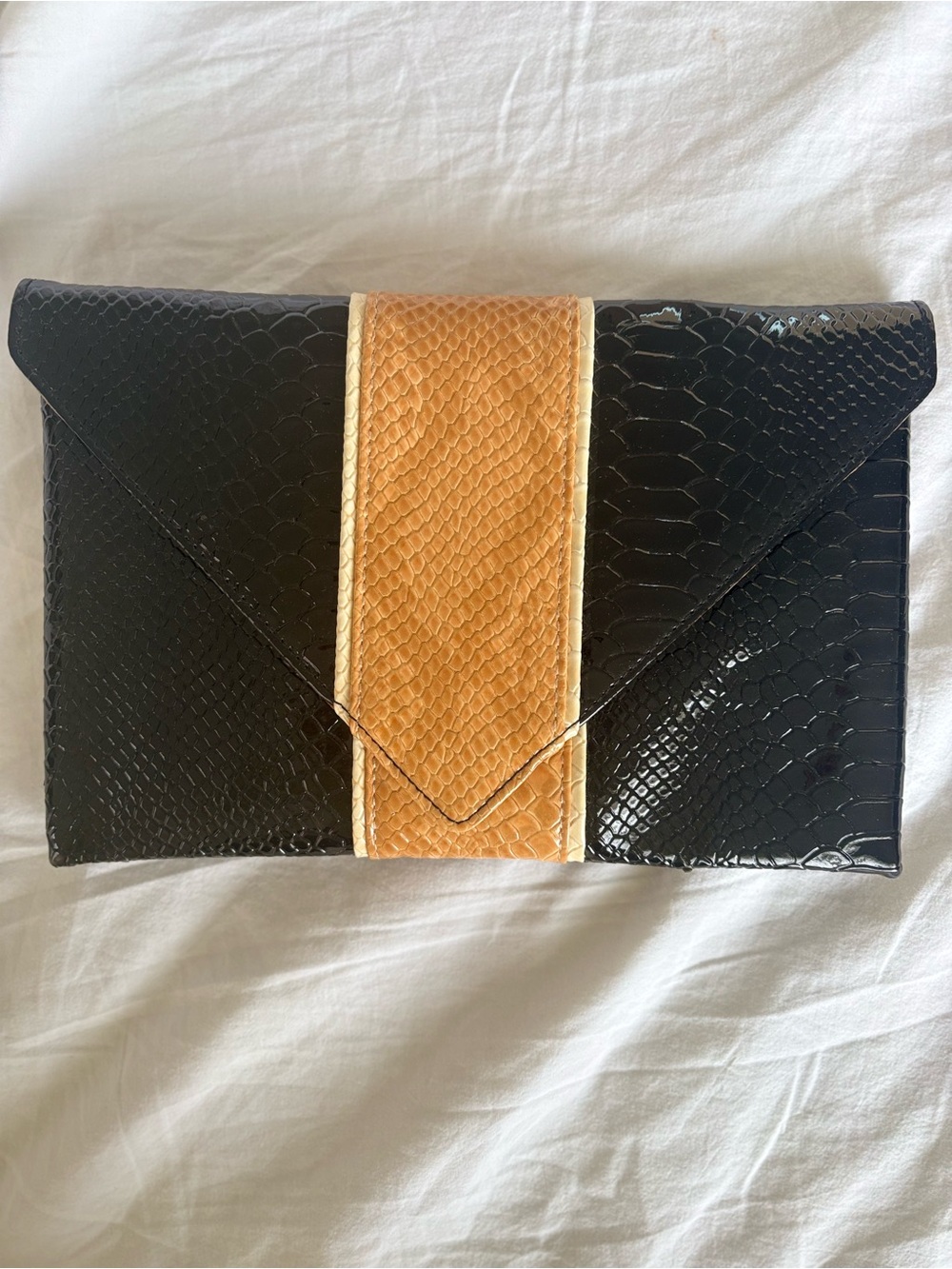 JB by Julie Brown Black Envelope Clutch with Tan Snake-Texture Stripe